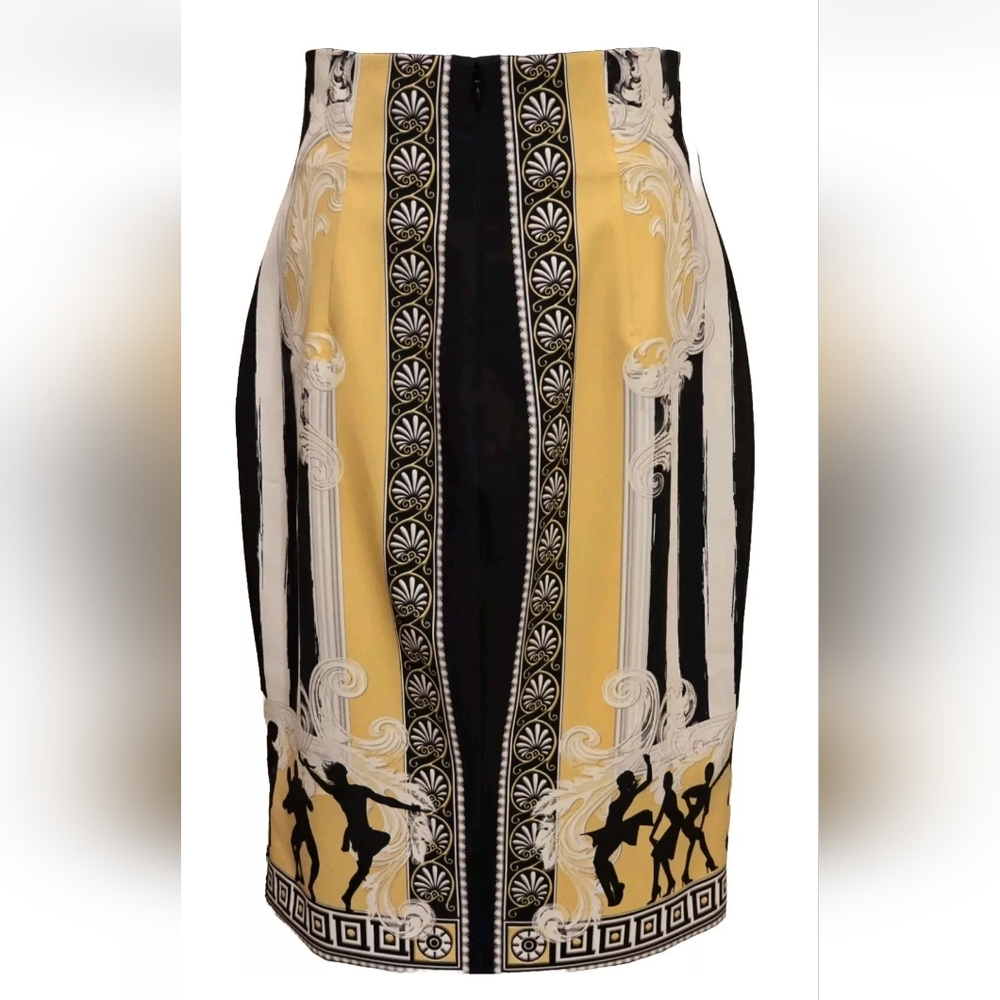 Versace Collection Baroque Greek Key Black Gold Stripe Fully Lined Midi Skirt - Picture 12 of 15